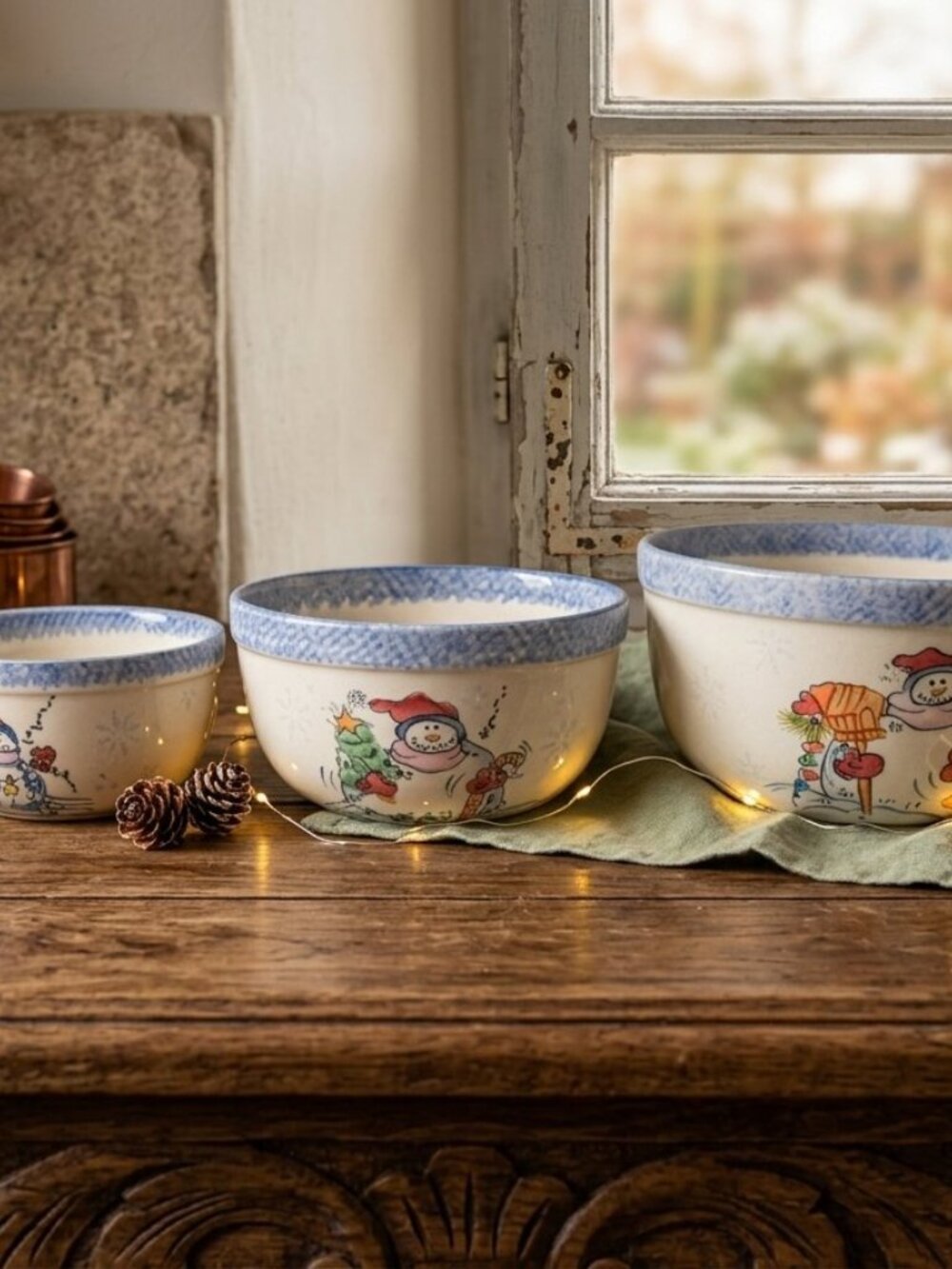 Vintage Vital Unit Ceramic Snowmen Mixing Bowls Set Of 3 Nesting